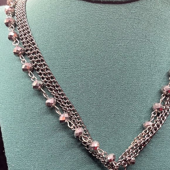 Multi Strand Grey Beaded Ball Tassel Necklace Titanium Silver Women 37in - Picture 2 of 4